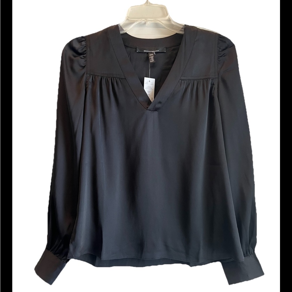 White House Black Market Black Long Sleeve Topstitch Satin Blouse XXS